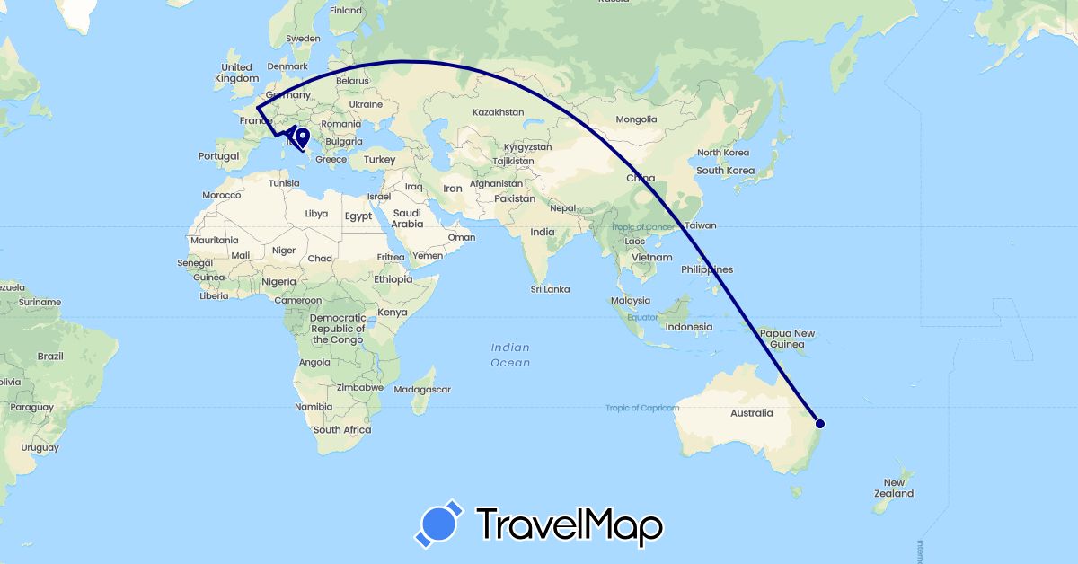 TravelMap itinerary: driving in Australia, France, Italy (Europe, Oceania)